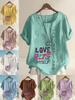 Women's Fashion Love Letter Flowers Print Round Neck Short Sleeve T-shirt Casual Cotton Linen Graphic Shirt Leisure Loose Summer Blouse Tops