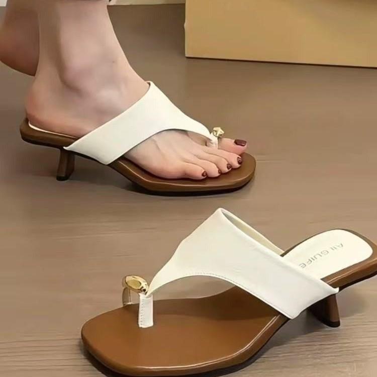 

Fashion Spice Girl Retro Square Toe Flip-flops, Summer Girl Metal Buckle One-shoulder Thick Heel Flip-flops, 2025 New Style 40