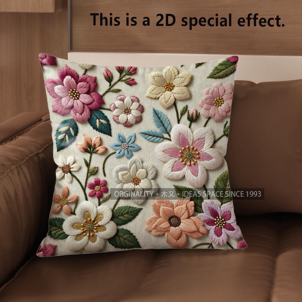 2D Vintage 3D Embroidered Floral Throw Pillow Covers Pattern Cushion Cover Suitable For Sofa Bedroom Car Pillow Cover