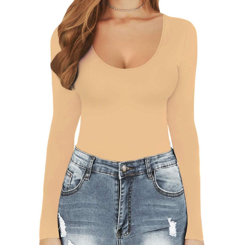 Women's Color Sexy Long Sleeve Racer Back Neck Sling Bodysuit Vest Jumpsuit