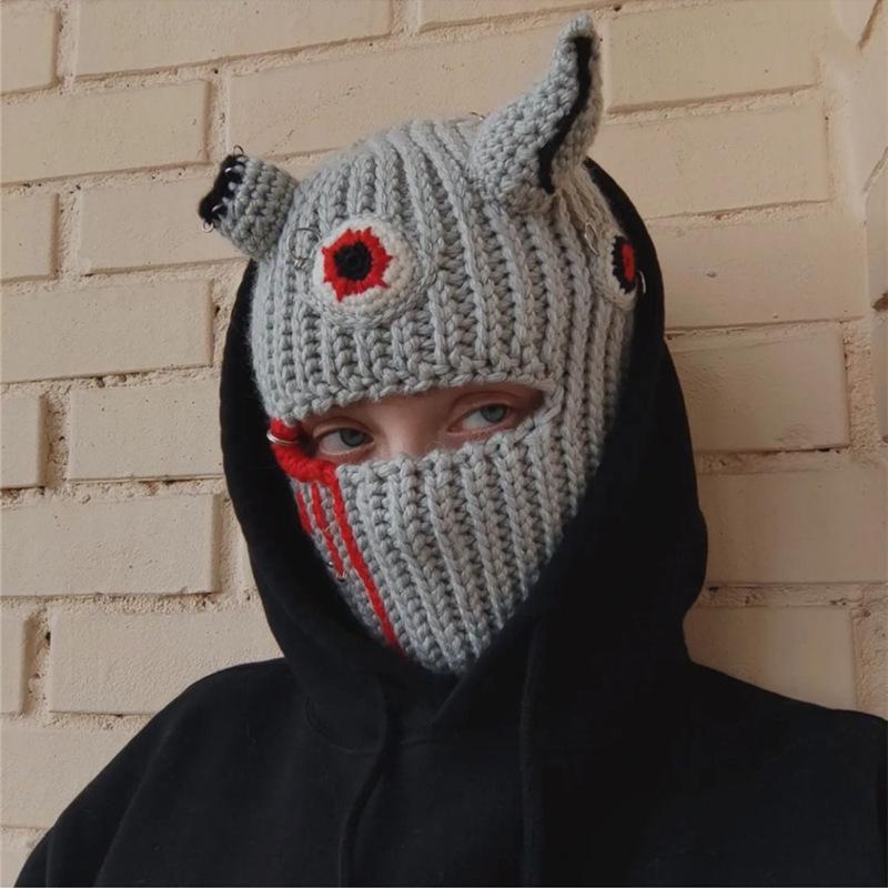 Y2K Style Crochet Halloween Party Cow Horn Parent-Child Ski Mask Hat