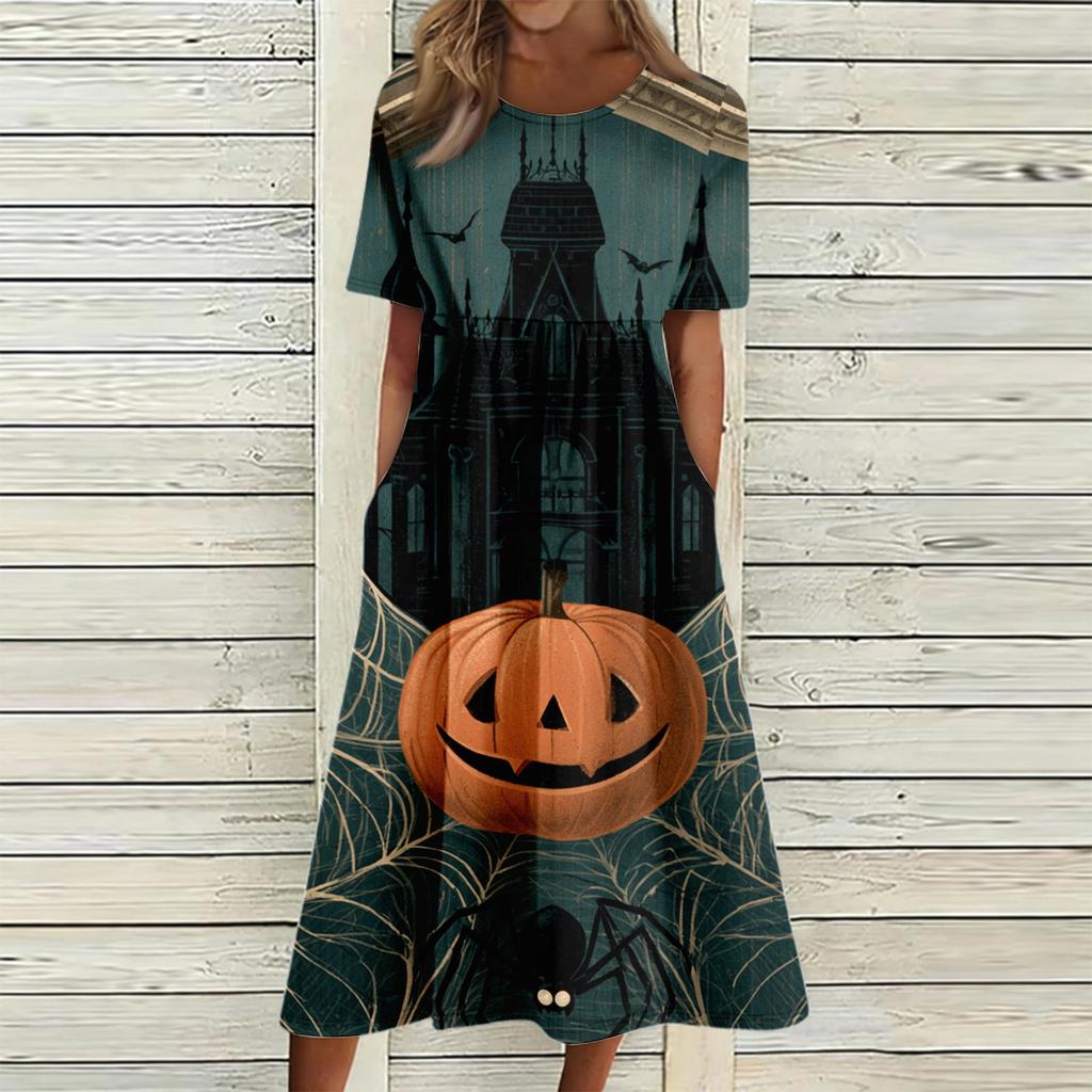 Women's Casual Round Neck Dress with Pockets Halloween Print for Party and Everyday Wear