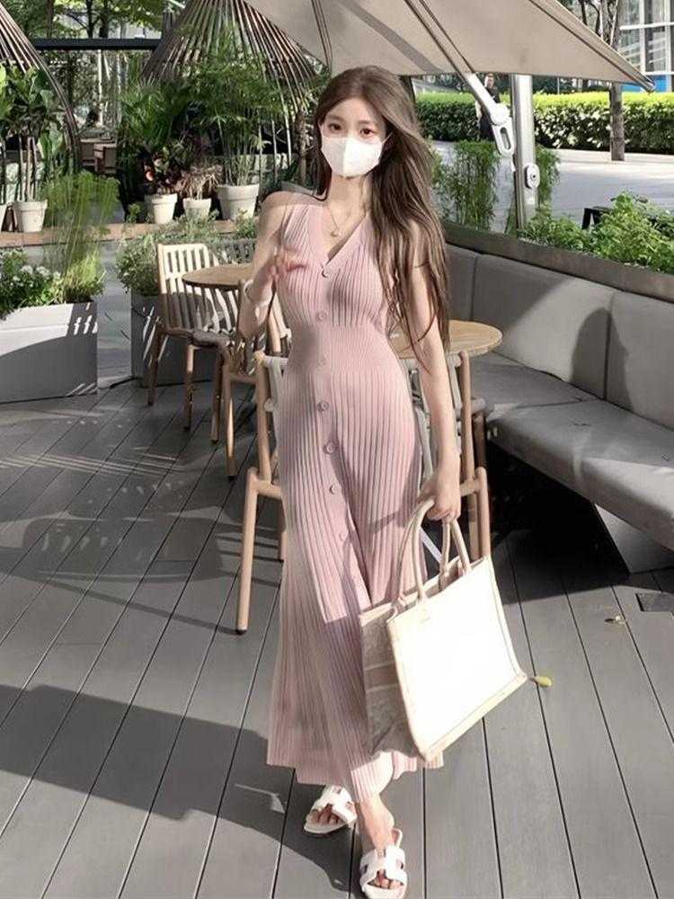 Elegant Ice Silk Sleeveless Tank Dress with Waist-Hugging Fit for Women