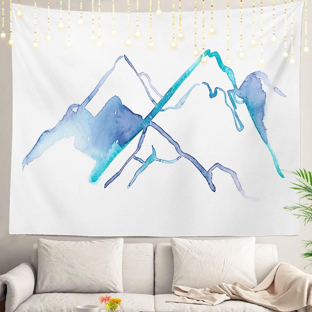 Navy Blue Watercolor Mountains Wall Tapestry, Sky Wall Hanging Large Tapestry Decoration Polyester Fiber White Hem Around for