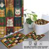 4pcs Fabric Splicing Christmas Cat Print Bathroom Set 180x180 Waterproof Shower Curtain, Floor Mat, U-shaped Mat, Toilet Mat