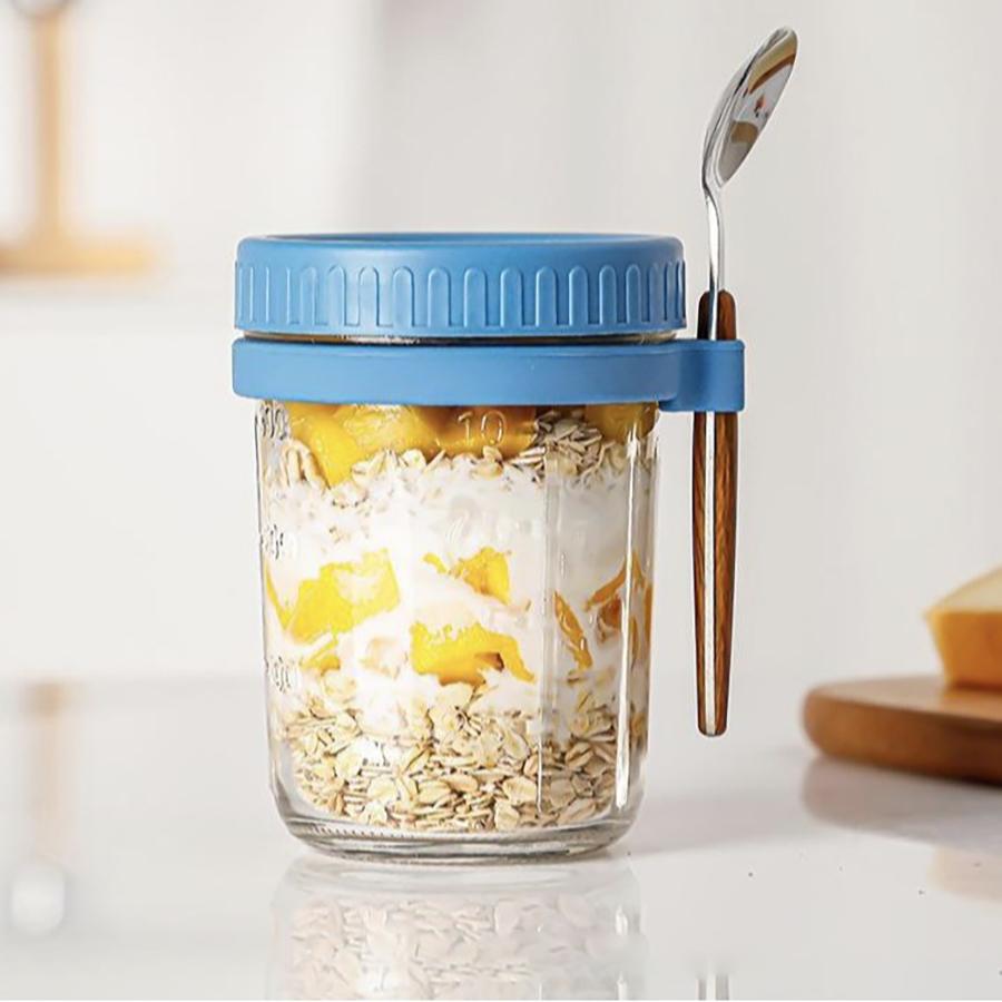 1pc/2pcs Glass Oatmeal Cup, Overnight Oats Container with Lid and Spoon, 16oz Cereal, Milk & Fruit Salad Storage Jar