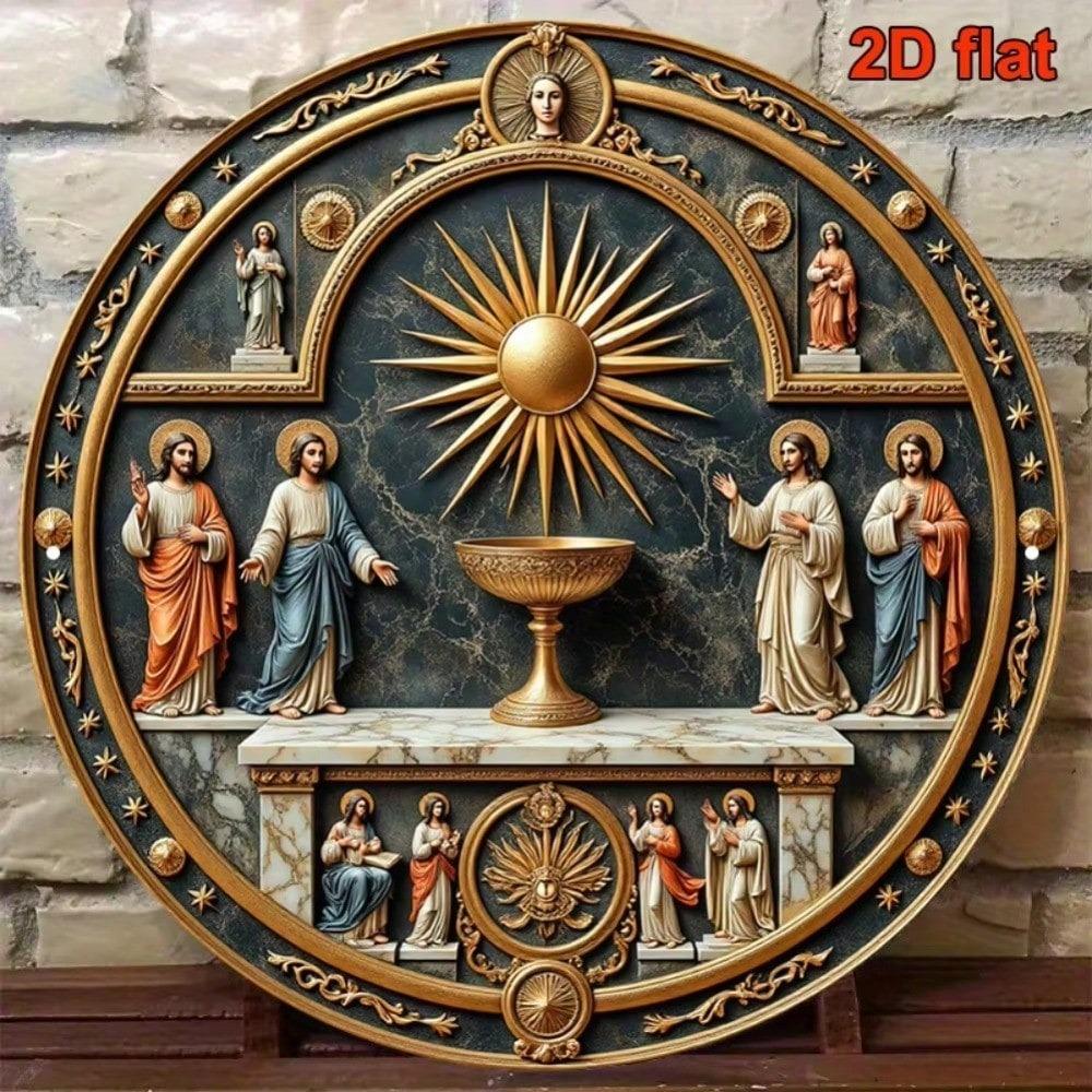 Vintage Sint Jozef Engel Rond Metalen Bord 20x20 cm Katholieke Muurkunst Altaar Decoratie