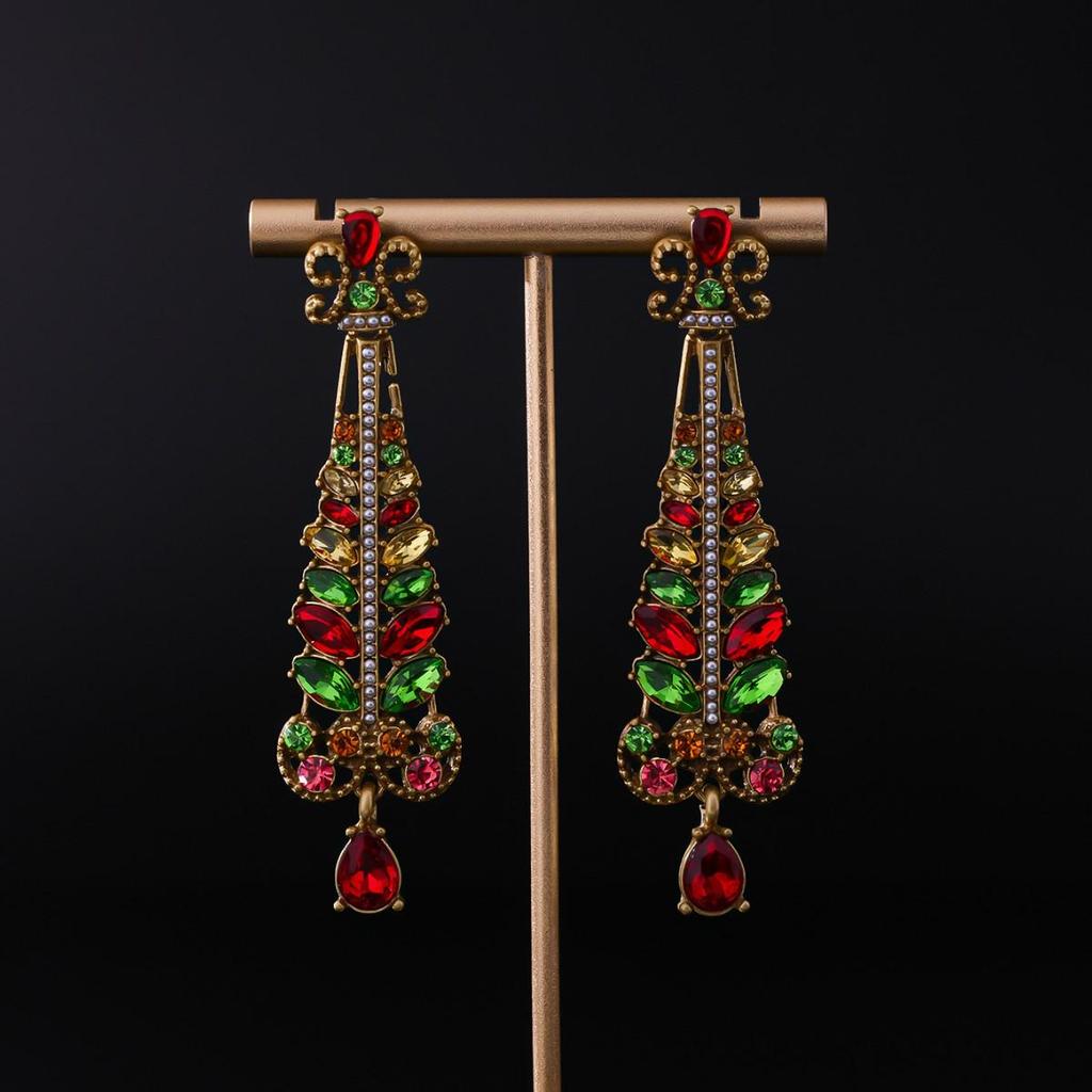 Colorful Rhinestone Christmas Tree Studs: Elegant Vintage Crystal Dangle Earrings