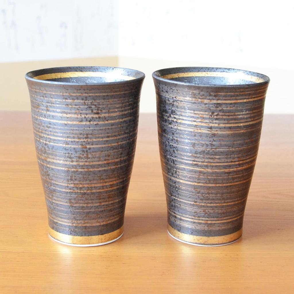 Golden Wedding Anniversary Arita Ware Beer Fujin Gold with Gift Wrapping and Message in Wooden Gift Glasses, Pair, (Wind God) Design, Card, Box.