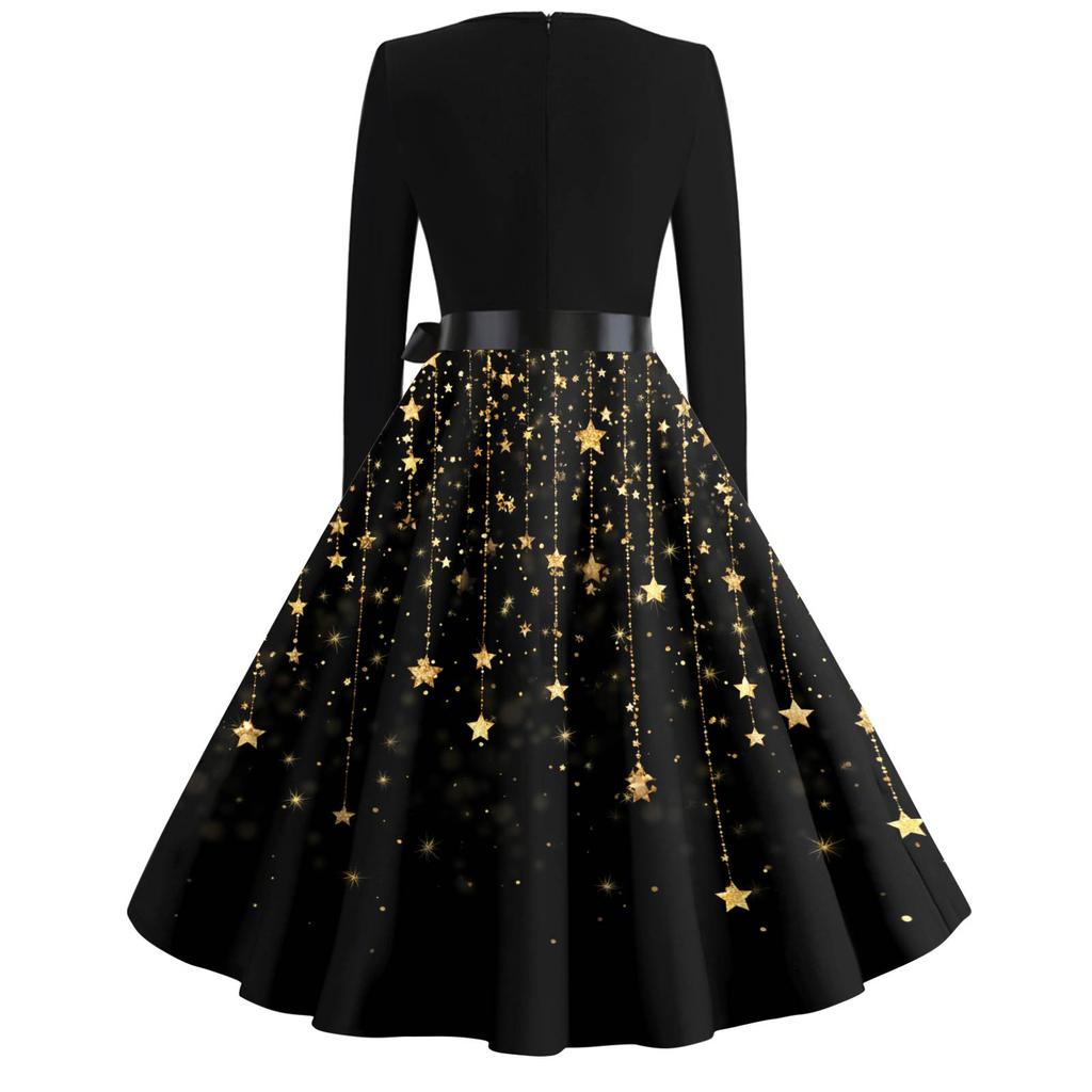 Women's Fashion V-Neck Relaxed-Fit Christmas Print Long-Sleeved Dress