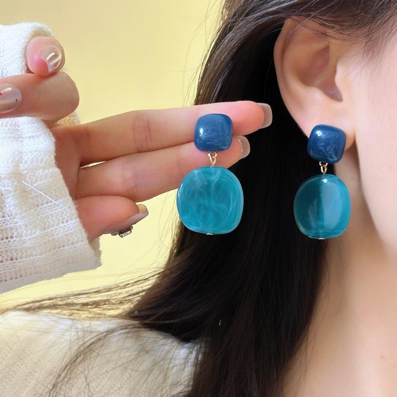 Blue Glazed Geometric Round Clip On Earrings No Piercing Needed Simple Contrast Texture Stylish Fashion Jewelry