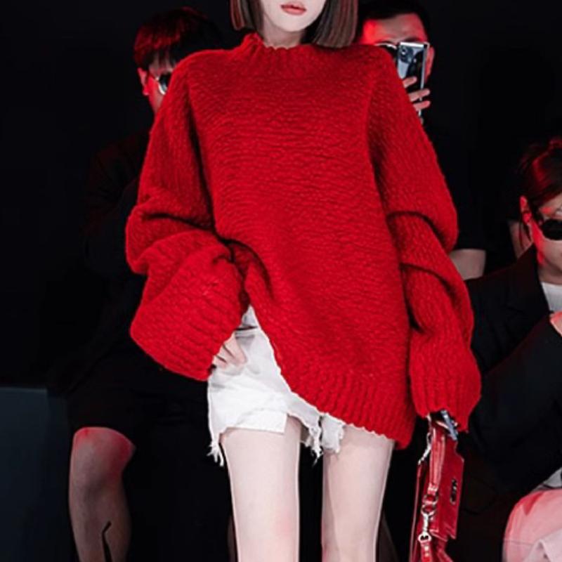 Autumn Long Sleeve Casual Loose Red Sweaters Women Winter Solid Warm Round Neck Knitted Sweater Ladies Elegant Vintage Soft Knitwear Jumpers 24944