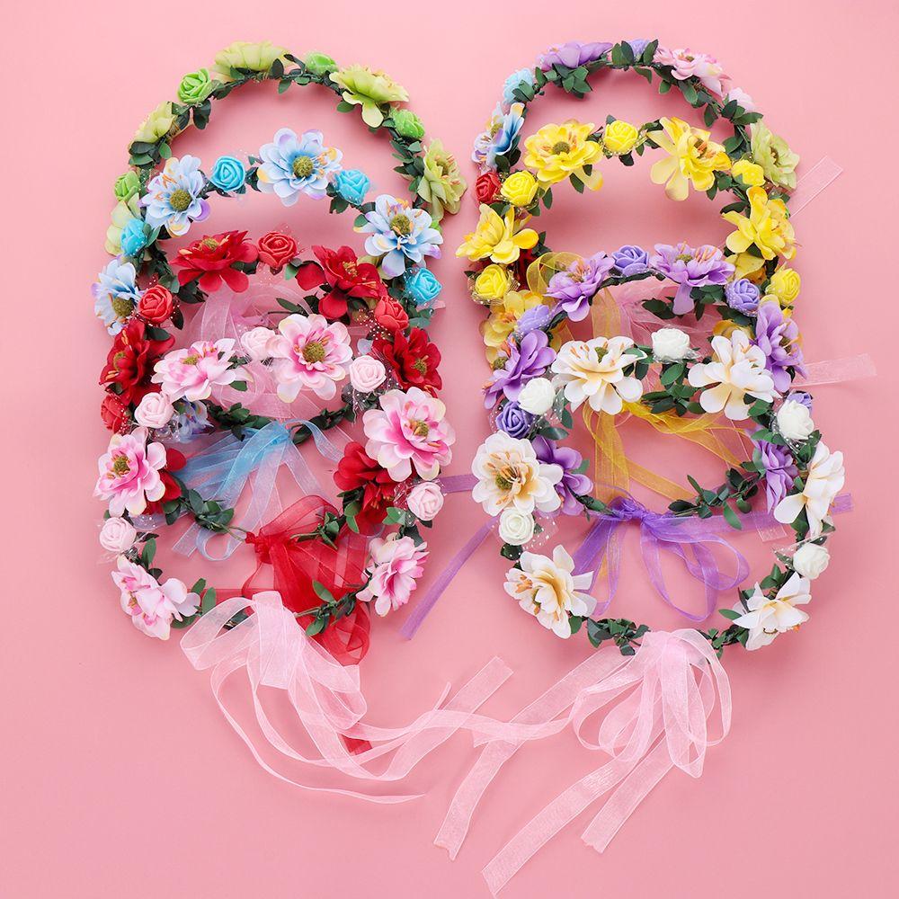 Flowers Leaves Headbands with Adjustable Ribbon Bohemia Garland Bridal Halo Headpiece Rose Flower Crown Girls Floral Wreath
