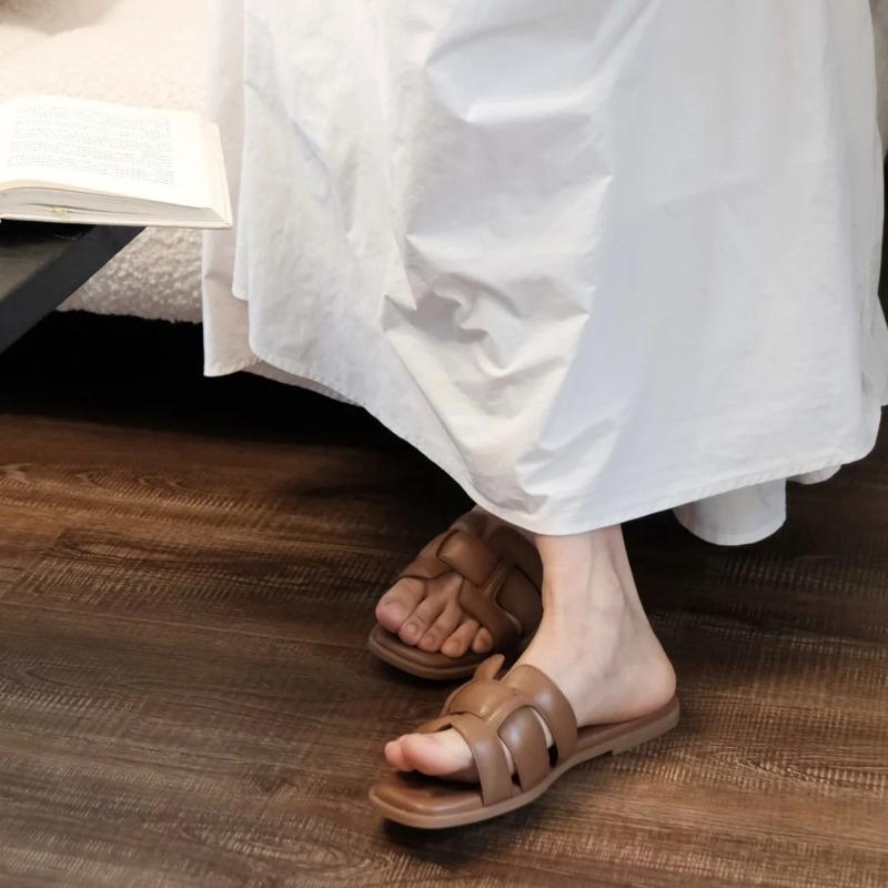 Sheepskin version~ Simple woven flat-bottomed one-word slippers for women's versatile and comfortable beach casual cool slippers