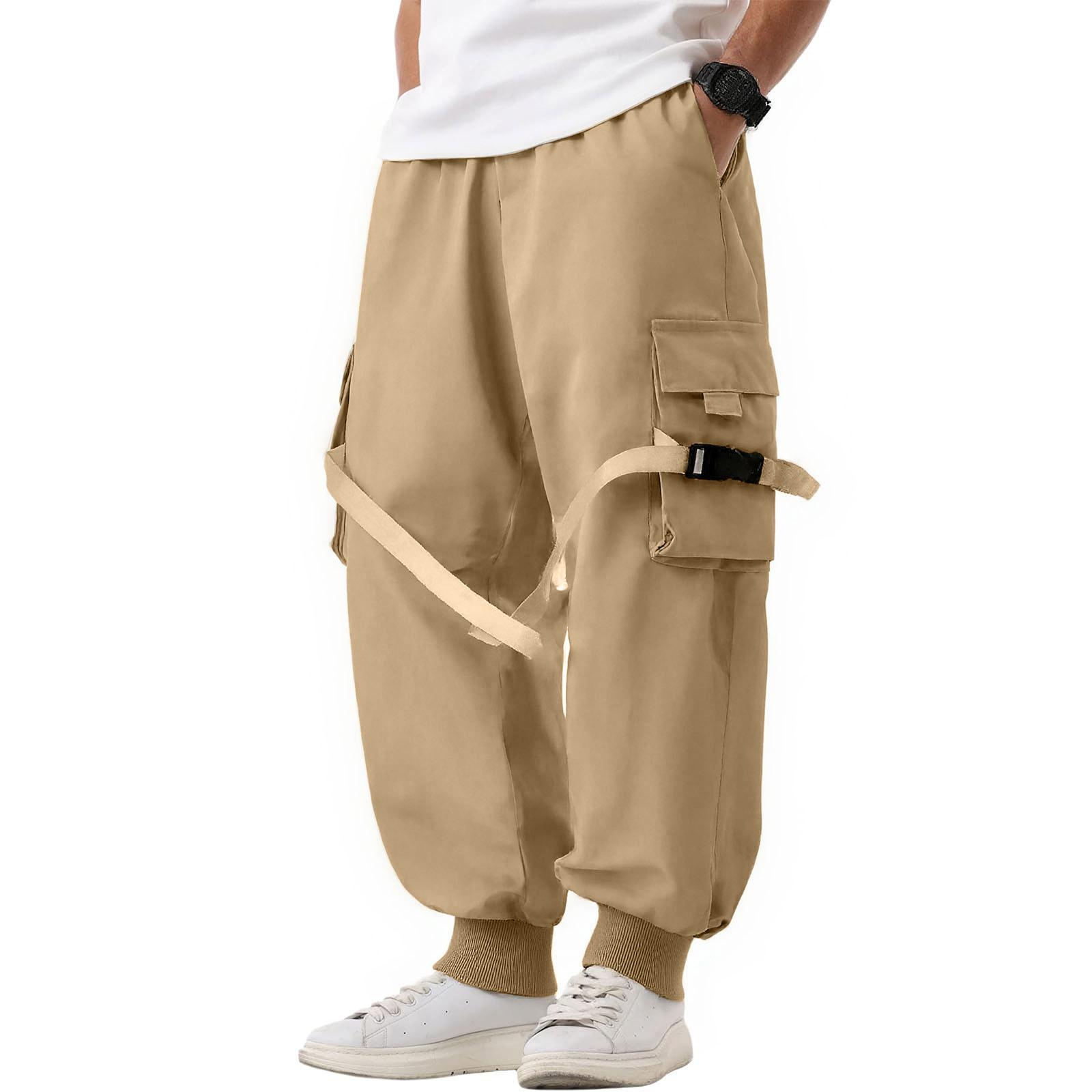 

Men s Self-Cultivation Outdoor Multiple Pockets Ribbon Personality Workwear Trousers M хаки