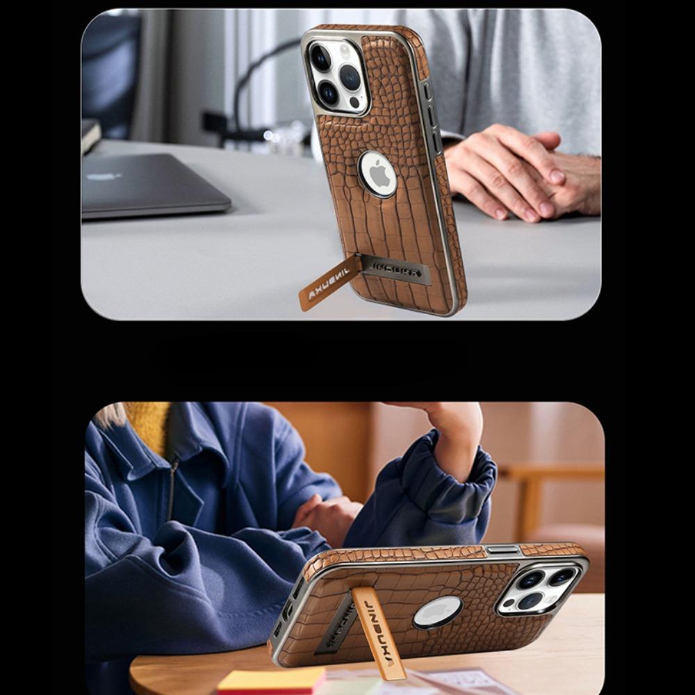 High Quality Leather Holder Electroplate Phone Case for IPhone 11 12 13 Pro Max 14 15 16 Plus Bracket Magnetic Protection Cover
