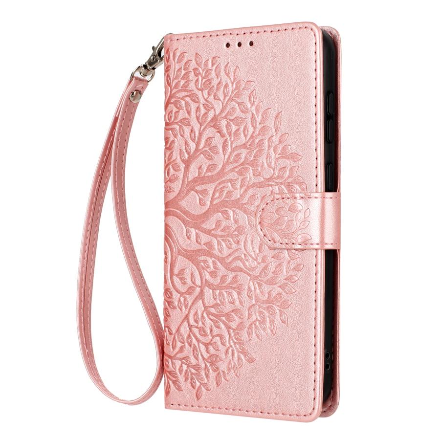 Embossed Tree Wristband Phone Case for Samsung S25 S24 S23 S22 S21 A56 A55 A54 A53 PU Leather Card Slots Wallet Case for iPhone 17 16 15 14 13 12 11