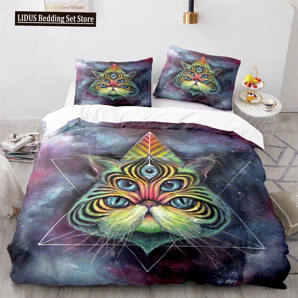Cat Duvet Cover Set King Size Cute Cats Pattern Bedding Set Decorative Animal Polyester Comforter Cover With Pillowcases For Kid