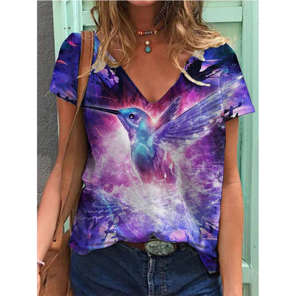 New 3D Printed Short Sleeved Women's Summer Casual Flower and Bird Print V-neck T-shirt