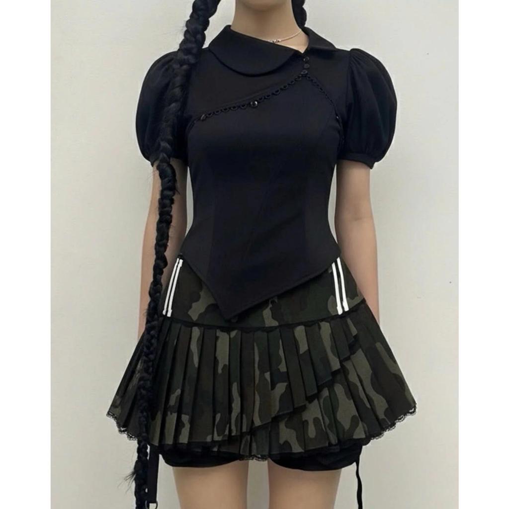 Cross-Border Y2K Puff Sleeve Slim Crop Top with Detachable Bandeau