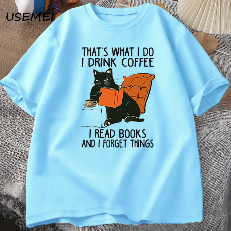 Cute Cat T-shirt for Women Men Books Coffee Cat Print T-shirts Funny Designer Comfortable Male Tee Shirt Male Clothing Shirts