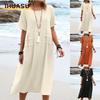Fashion Summer Spring Solid Color Print Short Sleeve O-Neck Casual Dresses