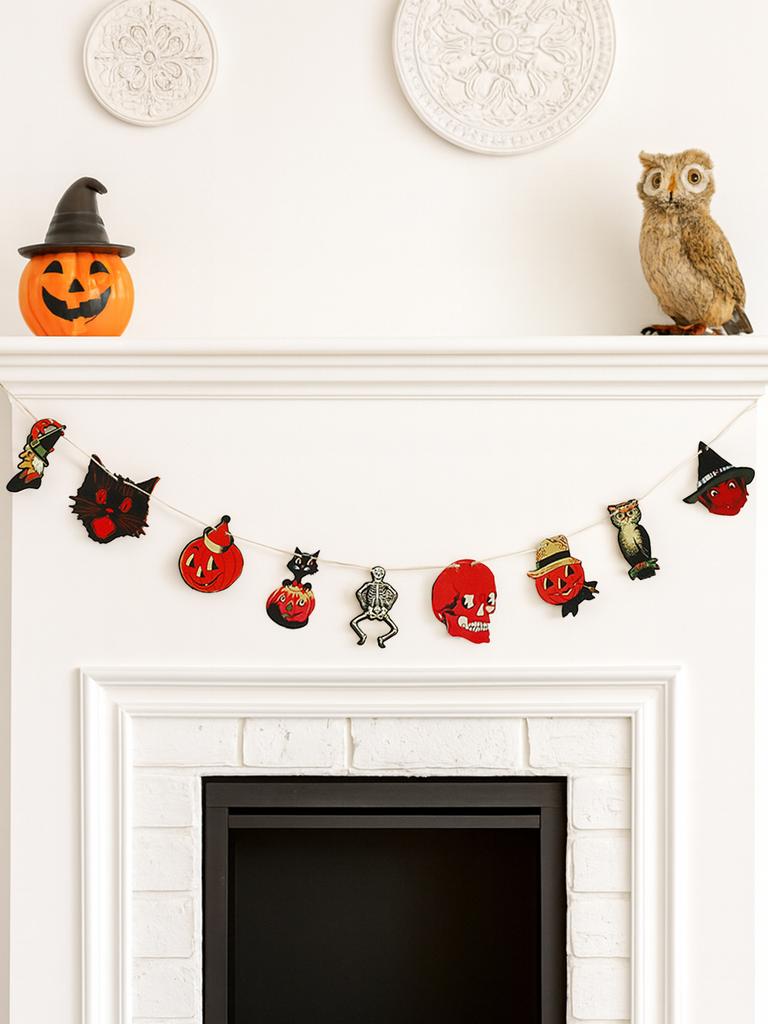 1 Stück Halloween-Girlande Banner, Vintage Kürbis, Schwarze Katze, Skelett & Totenkopf Formen, Wandbehang Dekoration für Hausparty & Kamin