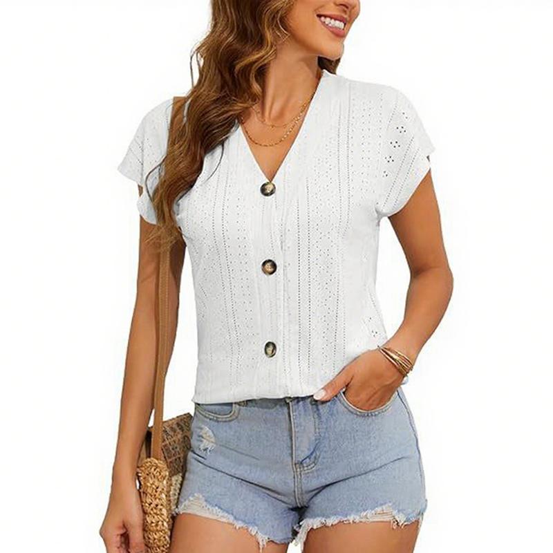 Ladies Summer Short Sleeve V Neck Button Solid Color Jacquard Pullover Hollow T Shirt Top