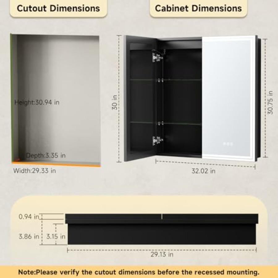 30"x32" Lighted Bathroom Medicine Cabinet, LED Medicine Cabinet Mirror with Electrical Outlet and USB Port, Defogger and Dimmab