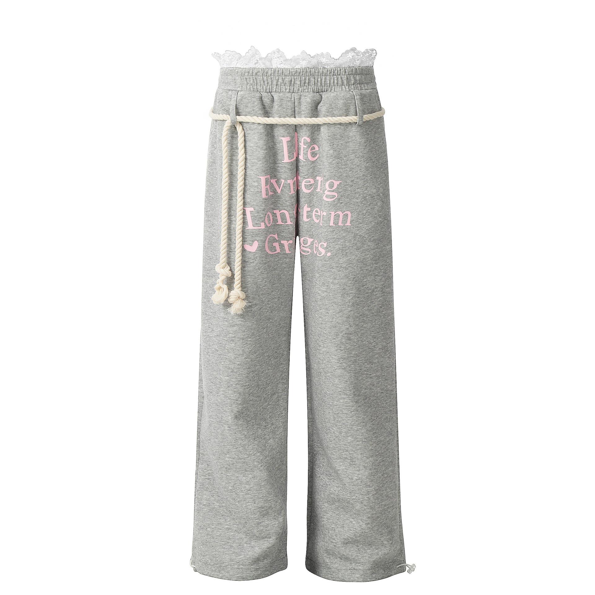 2026 Summer Spicy Girl Lace Waistband Wide-Leg Sweatpants: Women’s Loose Casual Straight-Leg Sports Pants Large серый