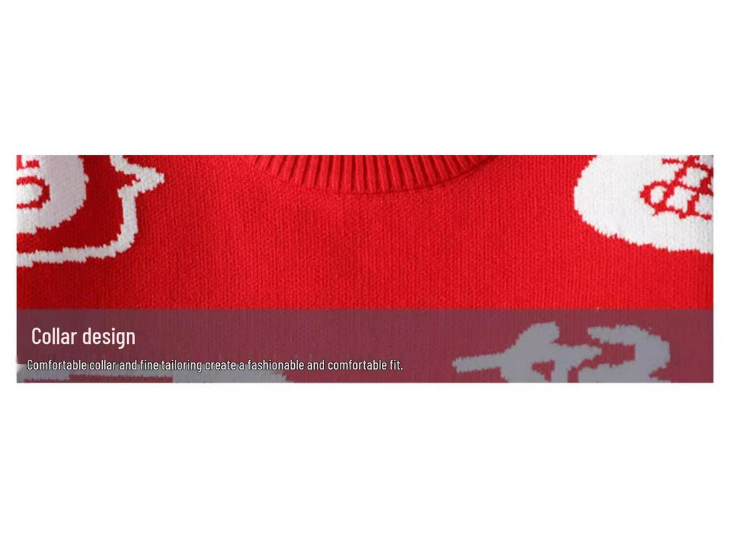 Herrstorlek Festlig Röd Stickad Tröja - Stjärntecken Rund Hals, Höst/Vinter, Exklusiv Känsla, Perfekt för Par