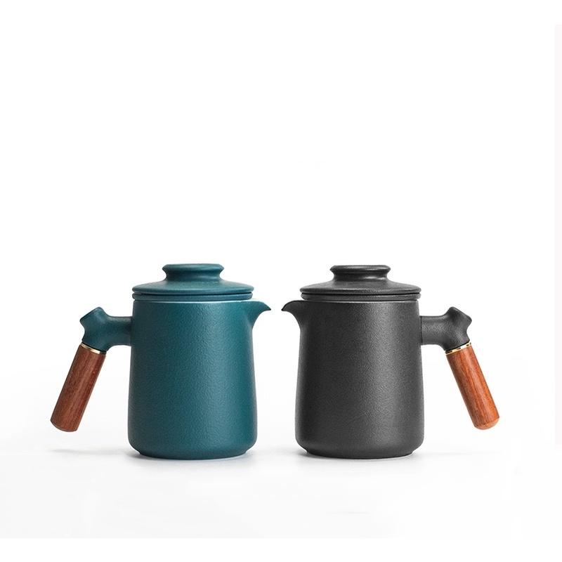 Ceramic Quick Tea Set with One Pot and Four Cups, Wooden Handle Teapot, Portable Bag