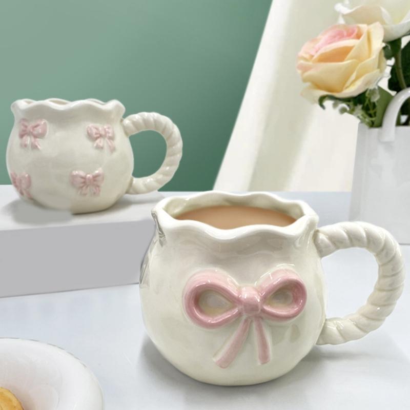 Delicate Ceramic Coffee Mug With Bows Portable Elegant Office Drinkware Dishwasher Safe Tableware Kitchen Tool