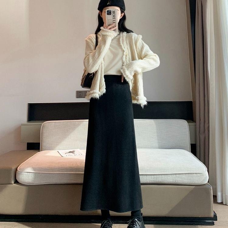 Winter Fleece Lined High Waist Thick Knit Long Skirt with Slit Straight Tube