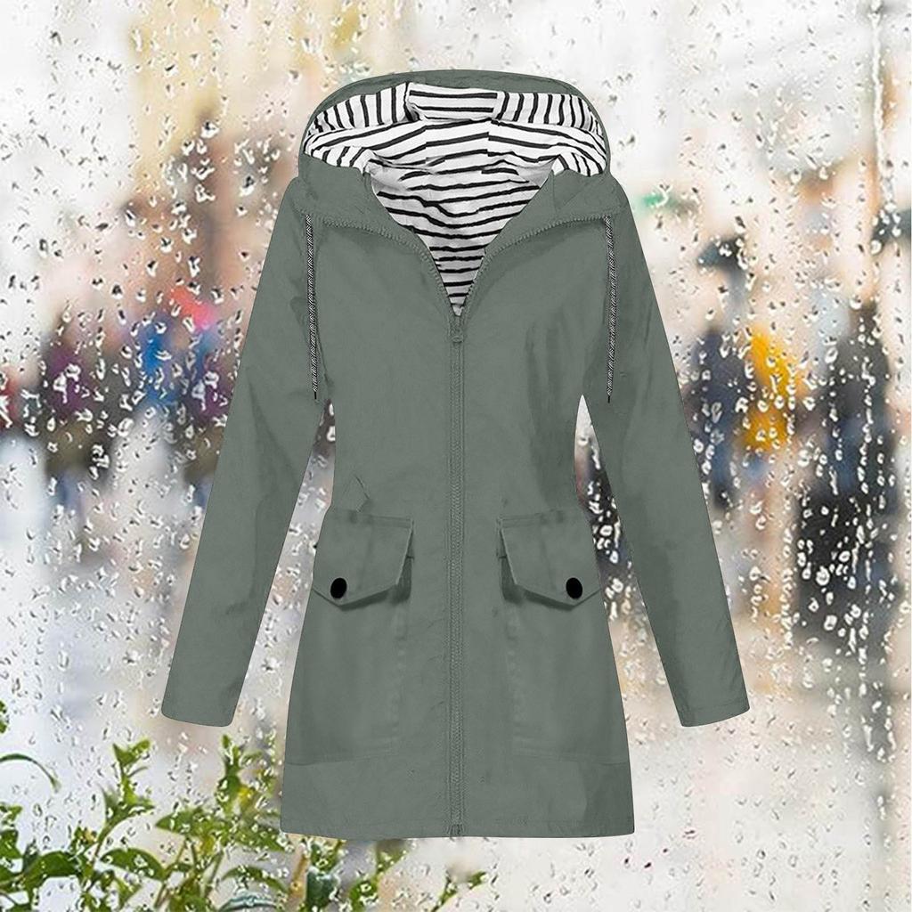 Women Stripe Rain Jacket Outdoor Plus Hooded Raincoat Windproof