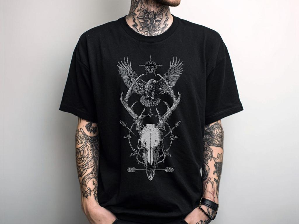 Occult Deer Skull Unisex Gothic T-Shirt, Punk Grunge Goth Graphic Shirt, Alternative Metal T-Shirt, Emo Goth Clothing, Goth Gift For Him Her