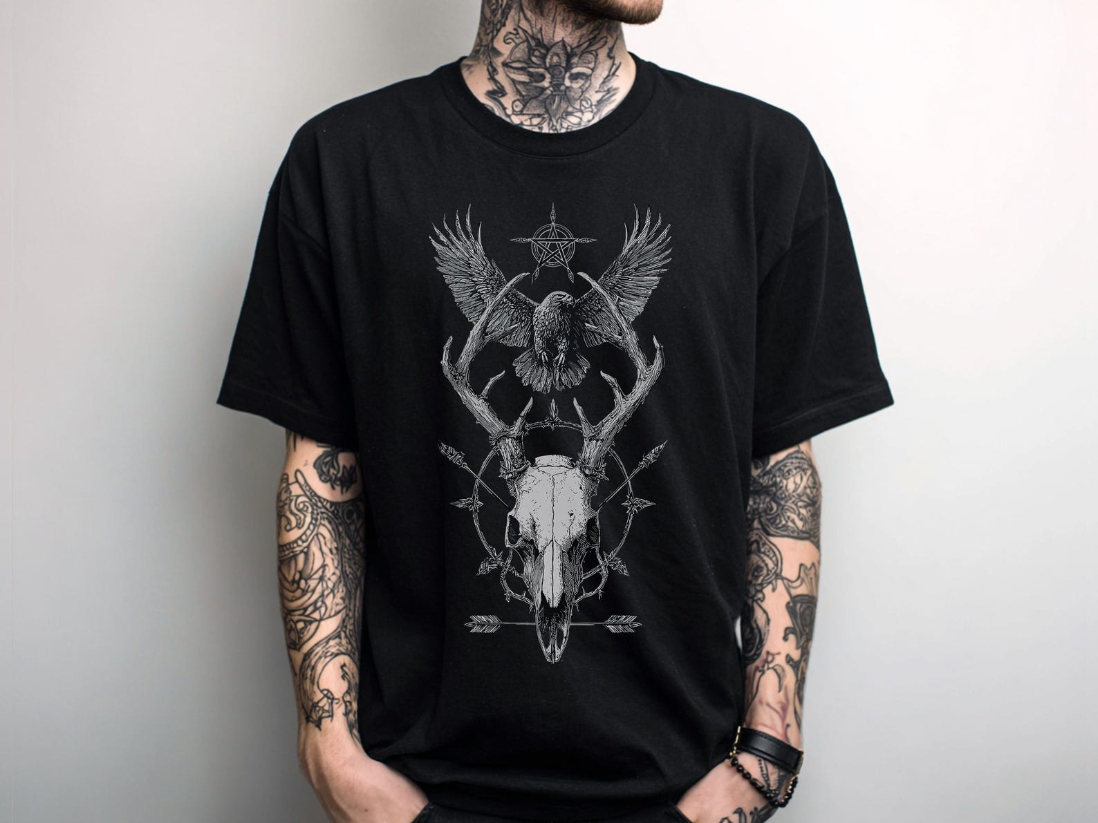 Occult Deer Skull Unisex Gothic T-Shirt, Punk Grunge Goth Graphic Shirt, Alternative Metal T-Shirt, Emo Goth Clothing, Goth Gift For Him Her S