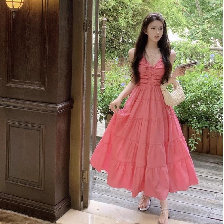 Pink Sweet First Love Dating Dress Summer Backless Design Feeling Waist and Thin Temperament Gentle Medium and Long Skirt
