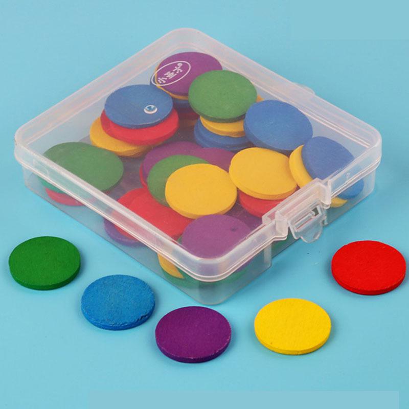 Wooden 5-Color Math Counting Chips Set, 50 Pieces - 25mm Round Educational Rewards for Kids.