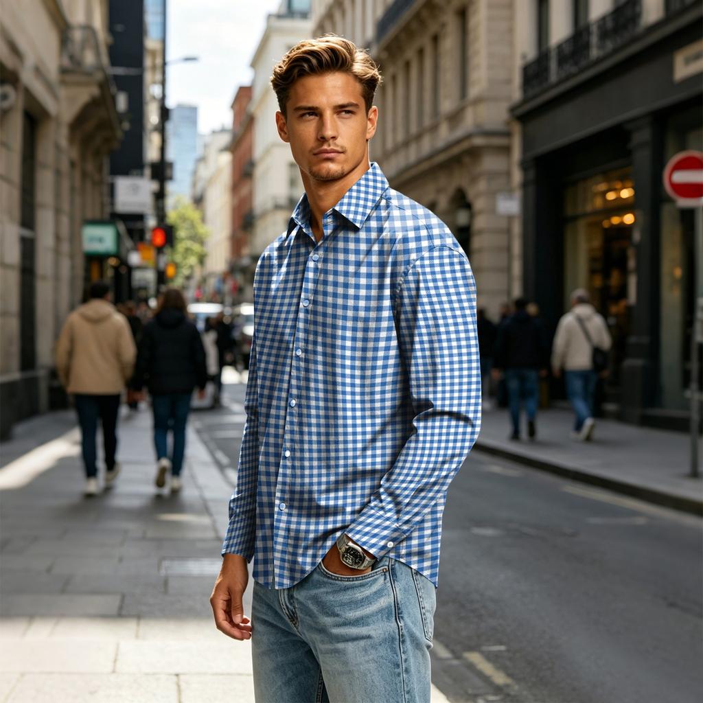 Men's Long Sleeve Plaid Shirt with Collar for Casual Daily Wear