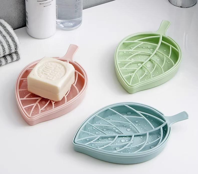 Leaf Shaped Double Layer Soap Dish with Drainage Holes Durable Plastic Material for Bathroom Kitchen Countertop Organization and Water Drain