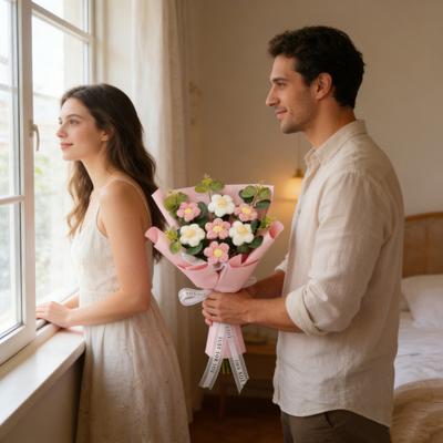 Artificial Flowers Handmade Crochet Flower Bouquet Soft Cotton Yarn No Maintenance Flexible Stems Fake Flower Valentine Day Weddings Decoration