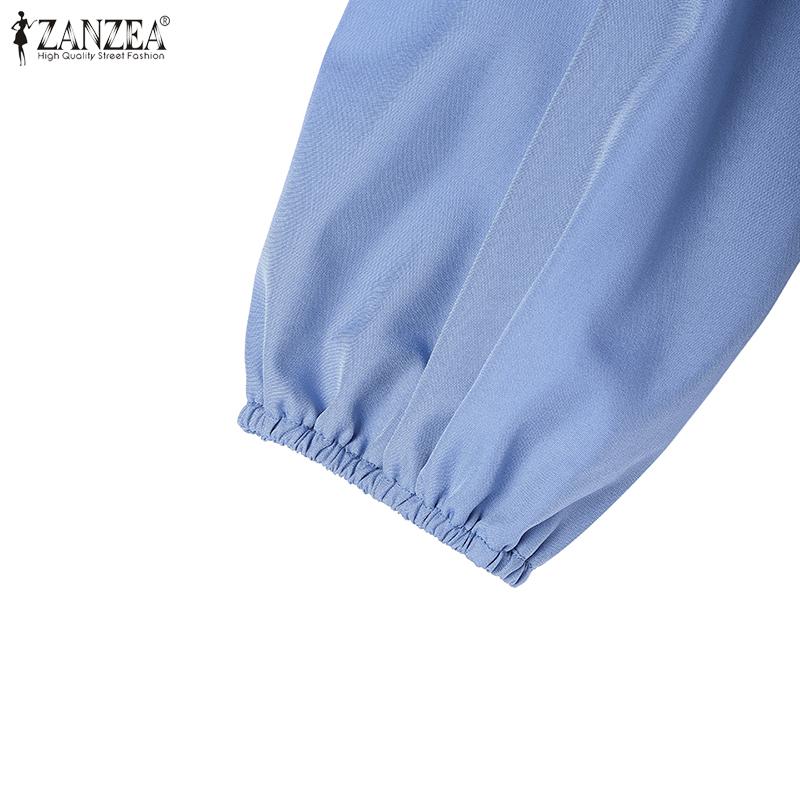 ZANZEA Women Casual Round Neck Loose Long Sleeve Pleated Long Dress