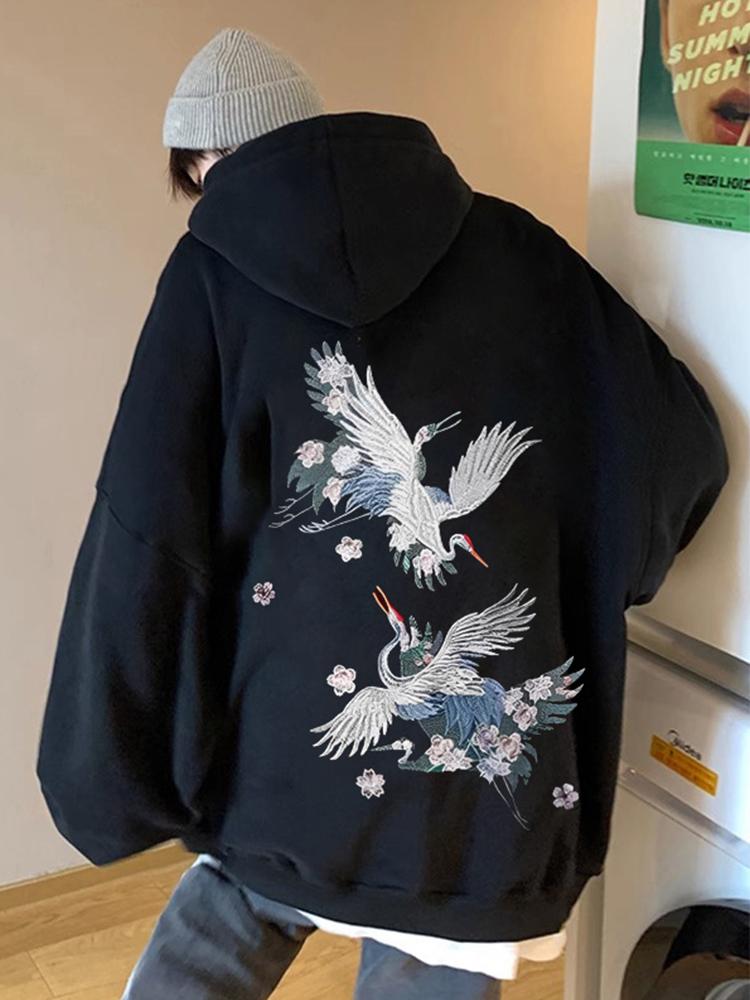 Autumn New Anime Crane Printed Pullover Hoodies For Men Hip Hop Fashion Graphic Hooded Sweatshirts Aesthetic Y2K Hoodie Clothes