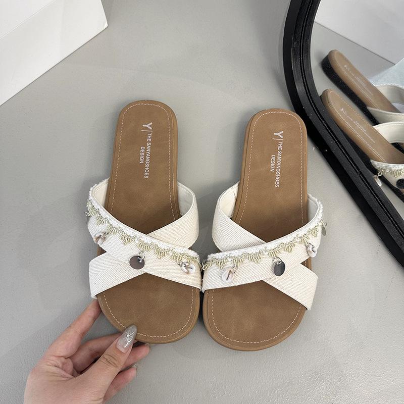 

Xiaoxiangfeng жемчужные тапочки женская уличная обувь 2025 лето новые на плоской подошве модные для отпуска приморские пляжные сандалии шлепанцы 40