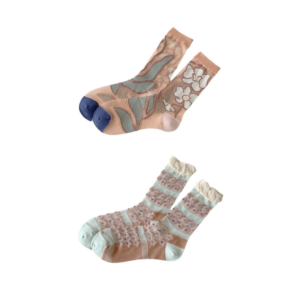 

2/3Pairs Flower Transparent Flower Socks Stripe Mid Calf Socks Women Ladies Girl 2Pairs C