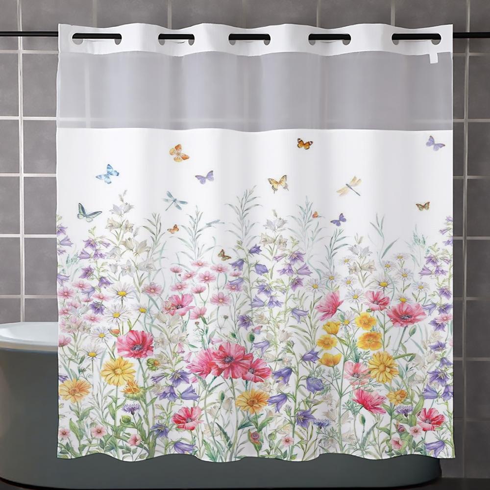 No Hook floral and butterfly Shower Curtain With Snap-in Fabric Liner, Sheer Top Window, Waterproof Double Layer Bathtub curtain