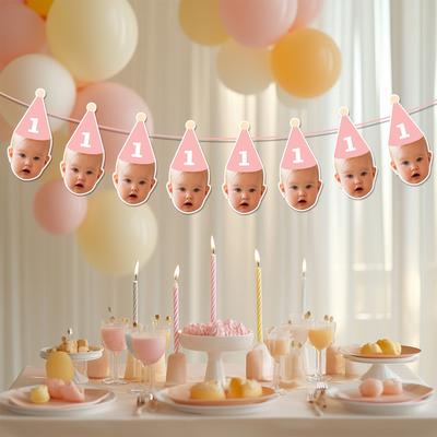 Customized Birthday Banner with Age Number Personalized Face Photo Birthday Hat Cake Topper Paper Straws Birthday Party Decor