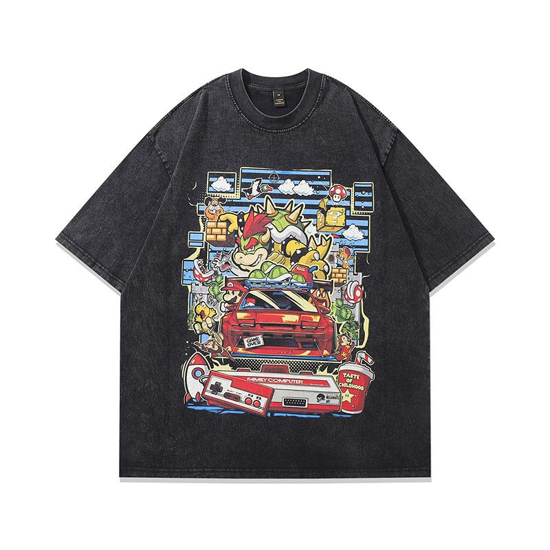 Harajuku Retro Japanese Two-Dimensional Cartoon Printing Washed And Old Heavy Cotton Short-Sleeved T-Shirt Trendy Men And Women