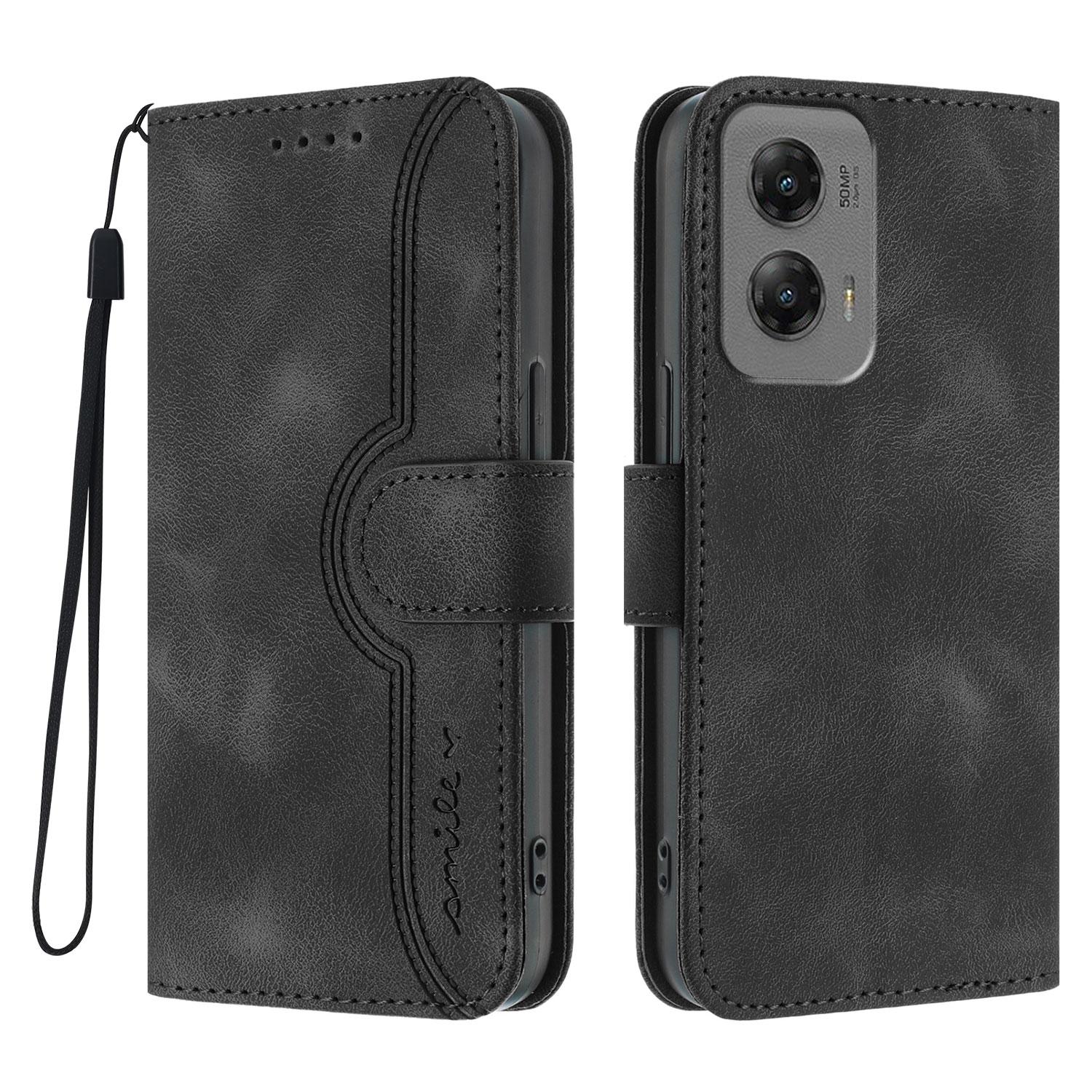 

For Motorola Moto G Stylus 5G (2024) Leather Case Wallet Stand Smile Imprinted Phone Cover with Strap Black